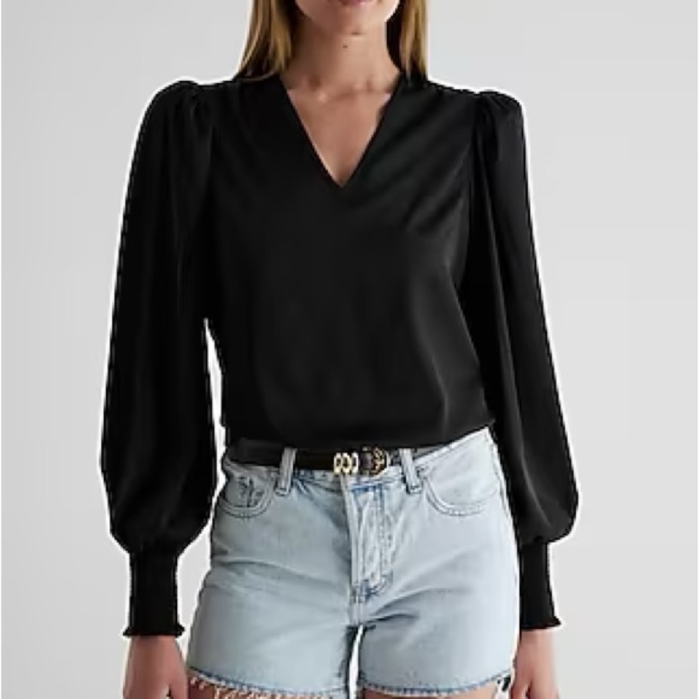 Express Satin V-Neck Long Sleeve Smocked Cuff Top